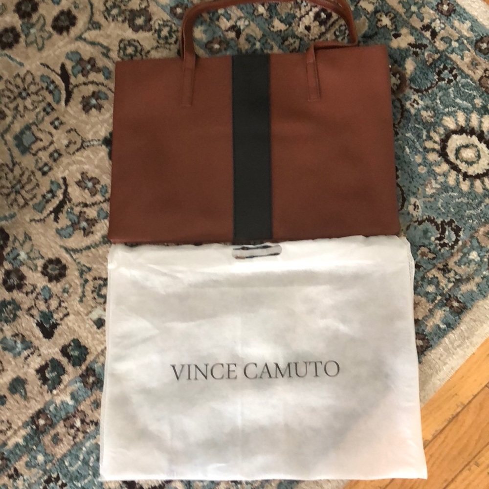 Vince Camino brown leather tote with black stripe